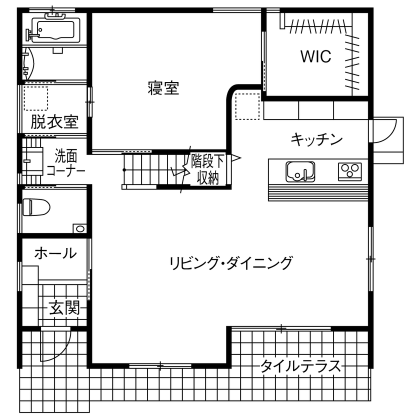 明和ホーム 【甲府市/3000万円台/38坪/ZEH＋R/間取り図あり】一体感と開放空間。のびやかに過ごす平屋風2階建ての家の間取り図（1LDK＋フリースペース）1階