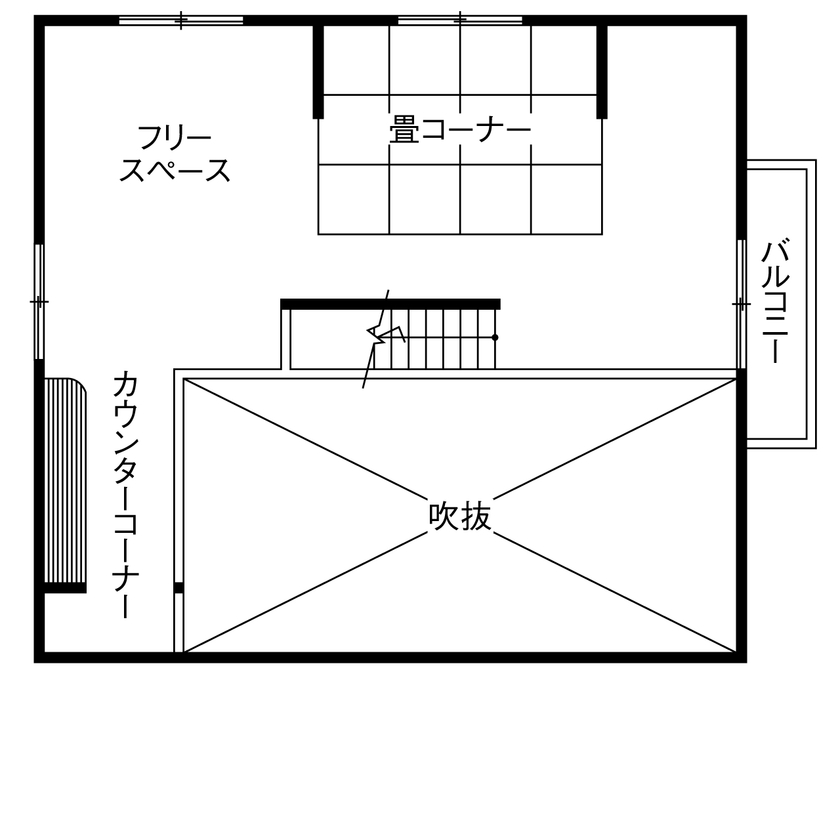 明和ホーム 【甲府市/3000万円台/38坪/ZEH＋R/間取り図あり】一体感と開放空間。のびやかに過ごす平屋風2階建ての家の間取り図（1LDK＋フリースペース）2階
