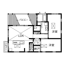 イソダ 【4000万円台/50坪台/間取り図あり】富士山の眺望を楽しむ。大空間のビルトインガレージを木造での間取り図（3LDK）2階