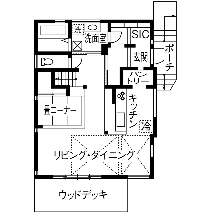 イソダ 【2000万円台/30坪台/吹き抜け/土地探し/湘南/間取り図有】海を楽しみたい。毎日の為の快適動線の間取り図（3LDK）1階