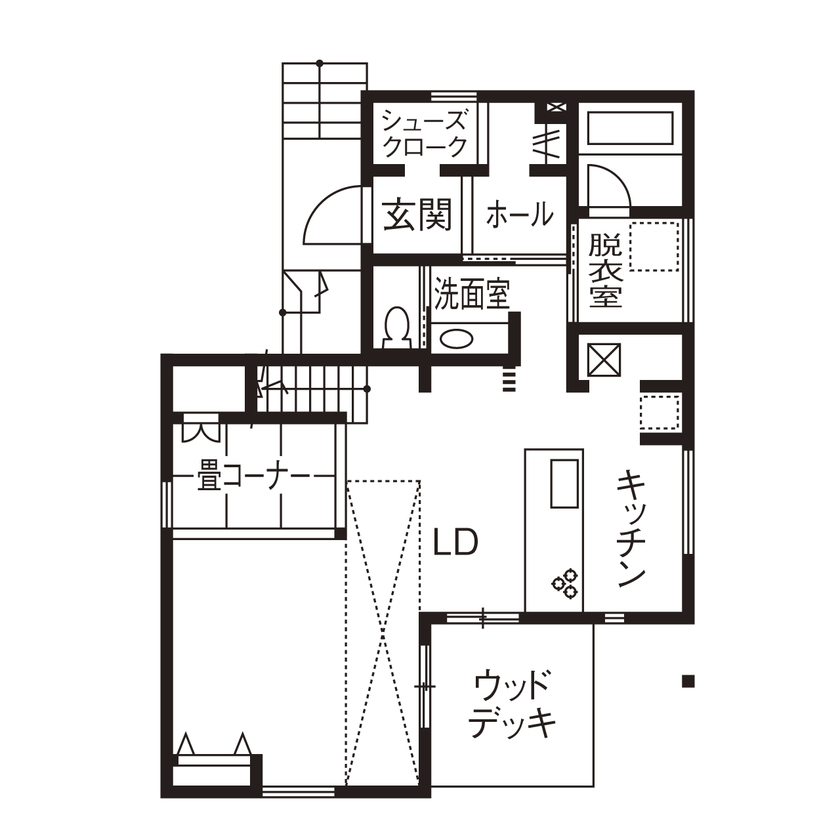 イソダ 【自然素材／間取り図有り／収納充実】吹き抜けが家族をつなぐ。収納充実でゆとりある住まいの間取り図（3LDK）1階