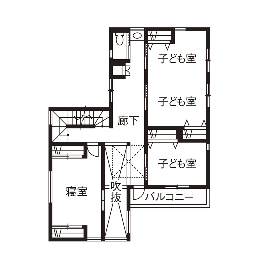 イソダ 【自然素材／間取り図有り／収納充実】吹き抜けが家族をつなぐ。収納充実でゆとりある住まいの間取り図（3LDK）2階