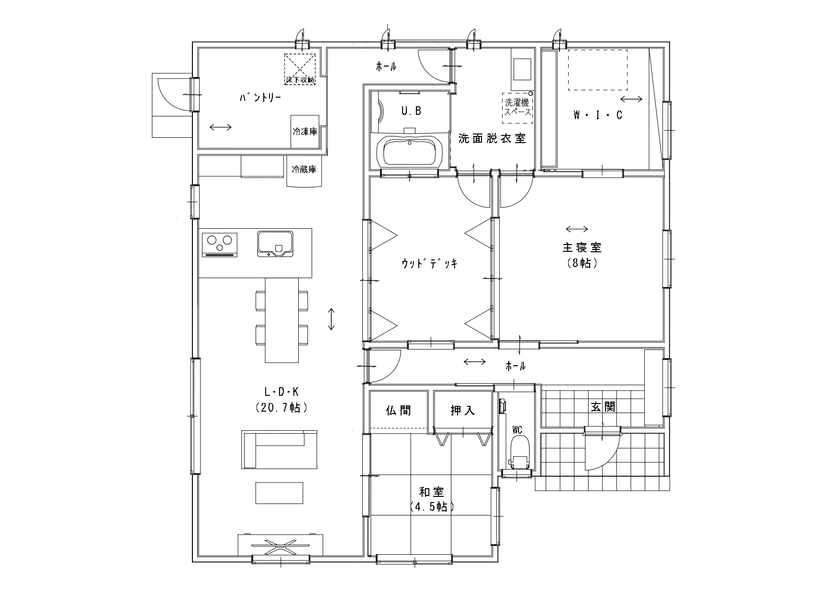 NJ HOME/なかむら住宅 【平屋/中庭/北欧】暮らしやすい回遊動線の住まいの間取り図（2LDK+中庭＋WIC）１階