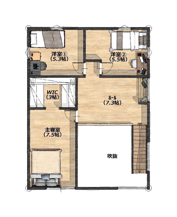 NJ HOME/なかむら住宅 【3LDK/モダン/回遊動線】洗練されたデザインと暮らしやすい回遊動線のある住まいの間取り図（3LDK）2階