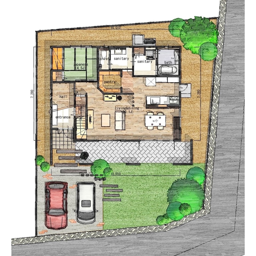 シアーズホーム福岡 こだわりモザイクタイルのキッチン映える家の間取り図（4LDK）1階
