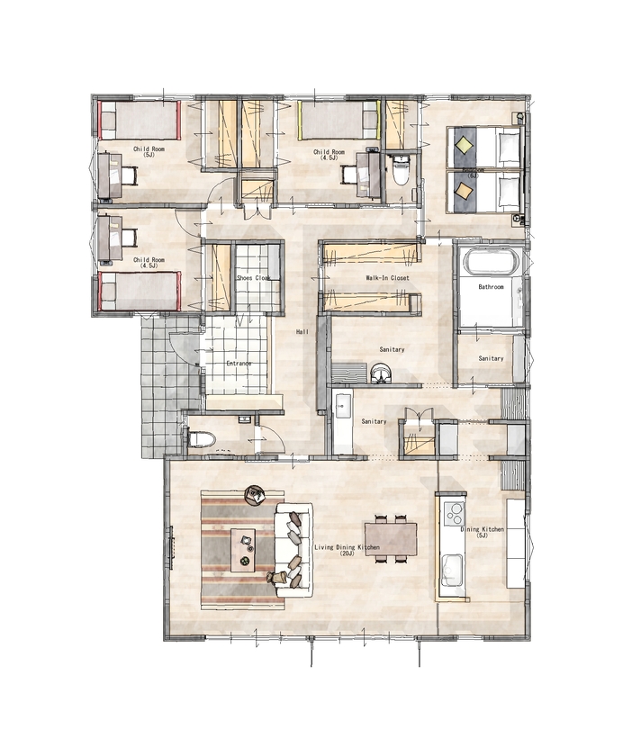 シアーズホーム福岡 【勾配天井｜平屋】アースカラーが映える家の間取り図（4LDK）1階