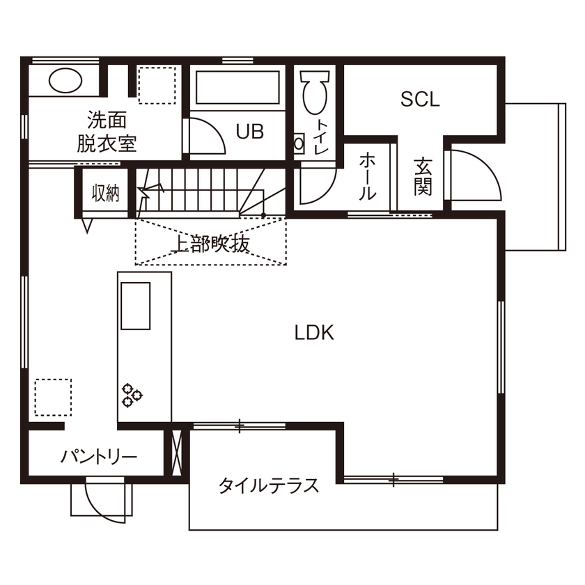LIVIA(リビア)一級建築士事務所 【京都/2000万円台/間取図】テラスや吹抜けから光を採り込んだ、グレーが映える細部まで美しい家の間取り図（3LDK）1階