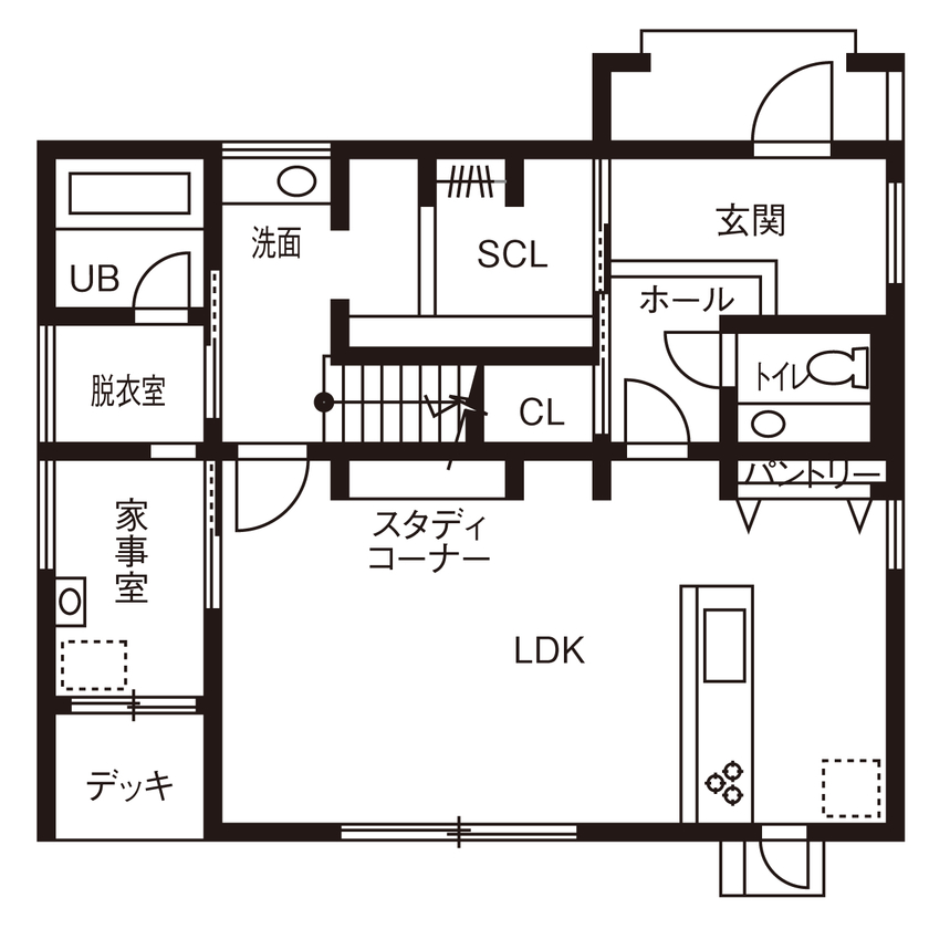 LIVIA(リビア)一級建築士事務所 【京都/3000万円台/間取図/モダンデザイン】夫婦それぞれのライフスタイルを尊重してできた家事ラクの家の間取り図（4LDK）1階