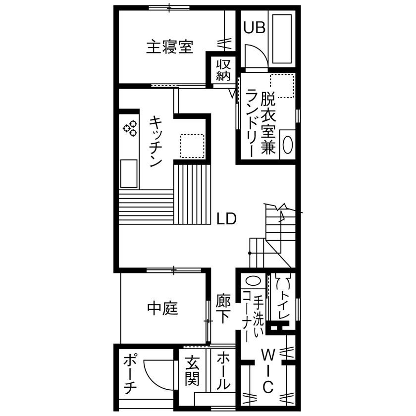LIVIA(リビア)一級建築士事務所 【京都/2000万円台/30坪以下/吹抜け/間取図】大きな造作のダイニングテーブルが家族をつなぐシンプルハウスの間取り図（2LDK）1階
