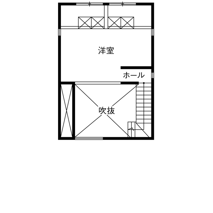 LIVIA(リビア)一級建築士事務所 【京都/2000万円台/30坪以下/吹抜け/間取図】大きな造作のダイニングテーブルが家族をつなぐシンプルハウスの間取り図（2LDK）2階