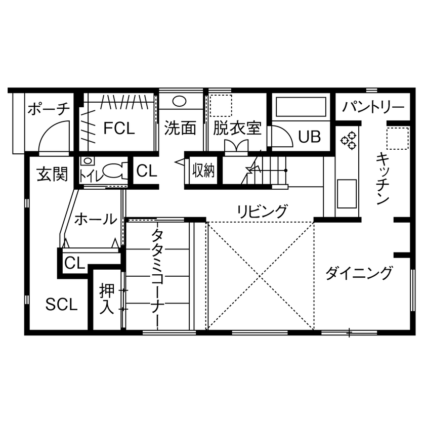 LIVIA(リビア)一級建築士事務所 【京都/3000万円台/30坪台/吹抜け/間取図】伝えた要望は50項目以上。設計力と施工力で一つひとつを実現の間取り図（2LDK）1階