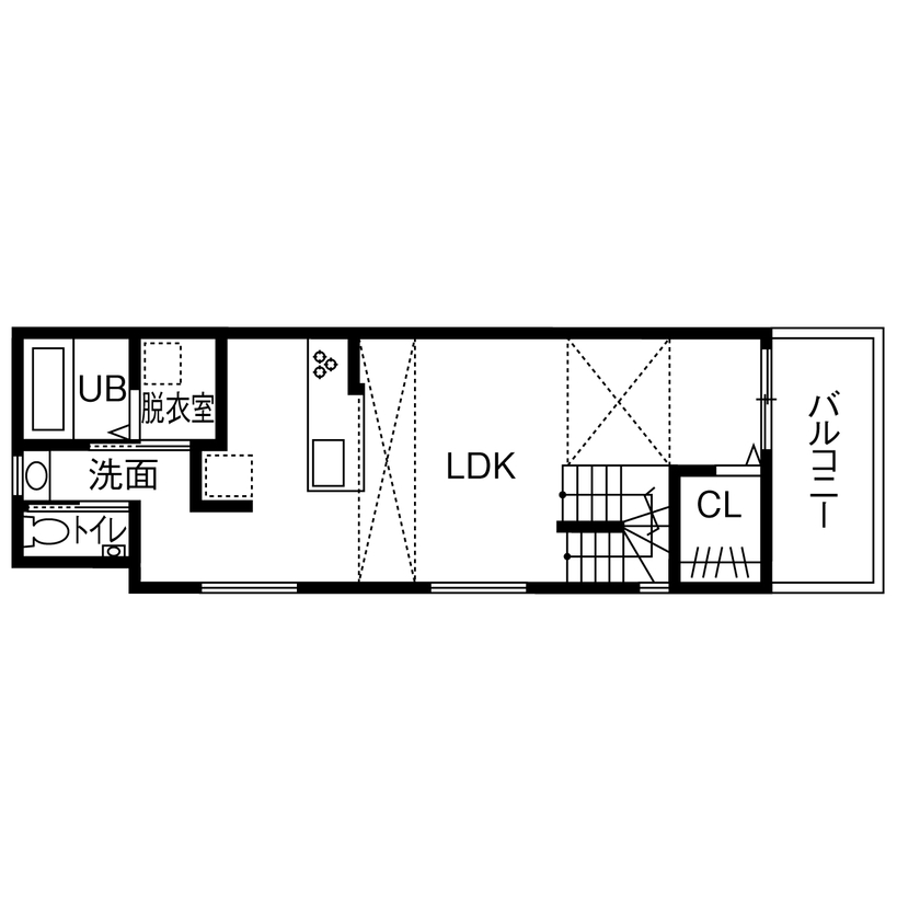 LIVIA(リビア)一級建築士事務所 【京都/2000万円台/狭小/２階リビング/間取図】24.3坪に２つの吹抜けで開放感と明るさを生み出した家の間取り図（1LDK）2階