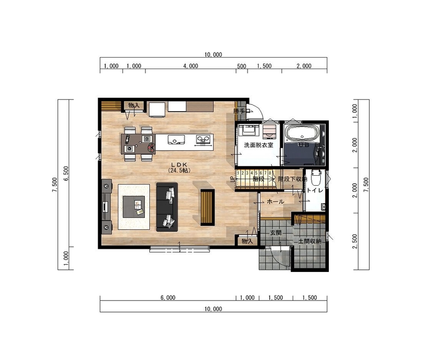 昭和ハウジング泉州・パナソニックビルダーズグループ 【2000万円台/テクノ工法/泉佐野/間取り図】アメリカ西海岸をイメージ！個性的で遊び心ある広々リビング空間の間取り図（3LDK＋WIC・土間収納）1階