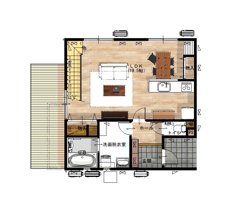 昭和ハウジング泉州・パナソニックビルダーズグループ 【2000万円台/テクノ工法/貝塚市/おしゃれ】窓のない外観に、明るい吹抜けのリビング。ギャップを楽しむ家の間取り図（3LDK）1階