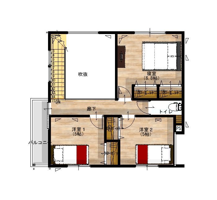 昭和ハウジング泉州・パナソニックビルダーズグループ 【2000万円台/テクノ工法/貝塚市/おしゃれ】窓のない外観に、明るい吹抜けのリビング。ギャップを楽しむ家の間取り図（3LDK）2階