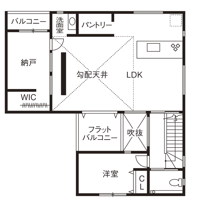 昭和ハウジング泉州・パナソニックビルダーズグループ 【3000万円台/二世帯住宅/テクノ工法/貝塚市】勾配天井とバルコニーが2階リビングの開放感をアップ！の間取り図（3LDK+納戸+リビング）2階