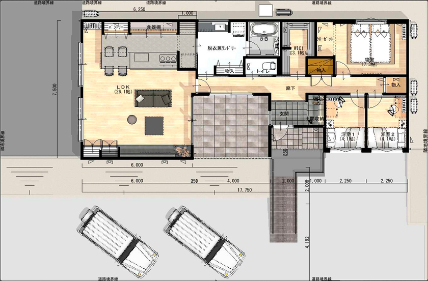 昭和ハウジング泉州・パナソニックビルダーズグループ 【平屋/3,000万円台/テクノ工法/間取り図】内外をブラックベースでクールに。迫力のあるオンリーワンの平屋の間取り図（3LDK+テラス+WIC）1階