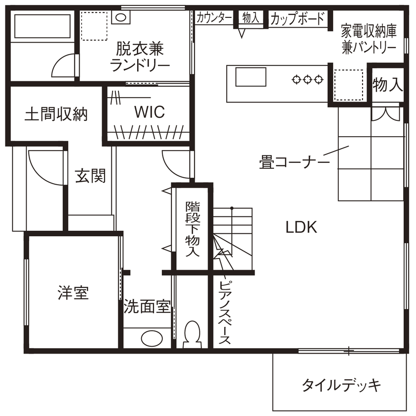 昭和ハウジング泉州・パナソニックビルダーズグループ 【2000万円台/テクノ工法/貝塚市/間取り図】ブラック×ウォールナットがモダン。家事ラクな平屋風動線の家の間取り図（3LDK+2WIC+畳コーナー）1階