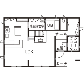 野口建設 吹き抜けと大開口に視線が抜け、抜群の開放感を感じるリビング。断熱性能の高さで一年中快適の住まいの間取り図（3LDK）1階