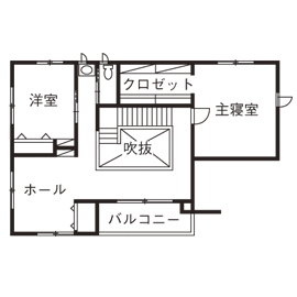 野口建設 吹き抜けと大開口に視線が抜け、抜群の開放感を感じるリビング。断熱性能の高さで一年中快適の住まいの間取り図（3LDK）2階
