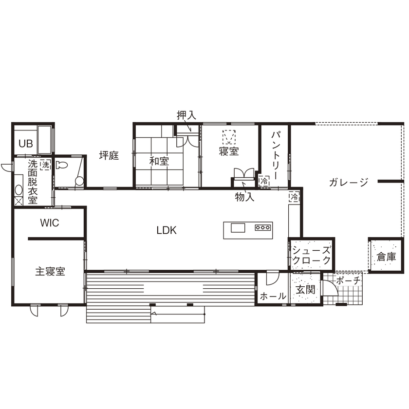野口建設 我が家が、特別な「リゾート」に。3つのファーストプランで“理想”を追求した、非日常感あふれる平屋の間取り図（2LDK）1階