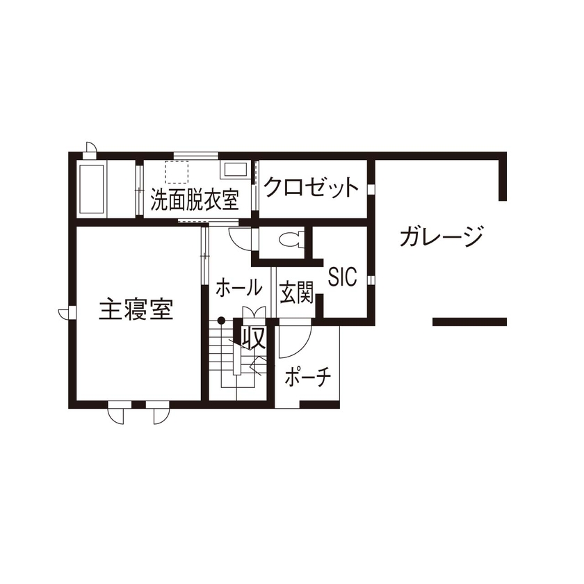 野口建設 料理や団欒の場所を開放感あふれる2階に。家事のしやすさを考慮した動線に工夫がある家の間取り図（3LDK）1階