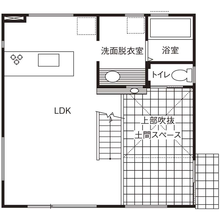 ユーロプランニング 【1000万円台/大阪府/茨木市/間取り有】壮大な吹抜が開放感を運ぶ、好きをつめこんだリビング土間の家の間取り図（2LDK）1階