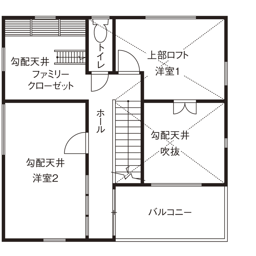 ユーロプランニング 【1000万円台/大阪府/茨木市/間取り有】壮大な吹抜が開放感を運ぶ、好きをつめこんだリビング土間の家の間取り図（2LDK）2階