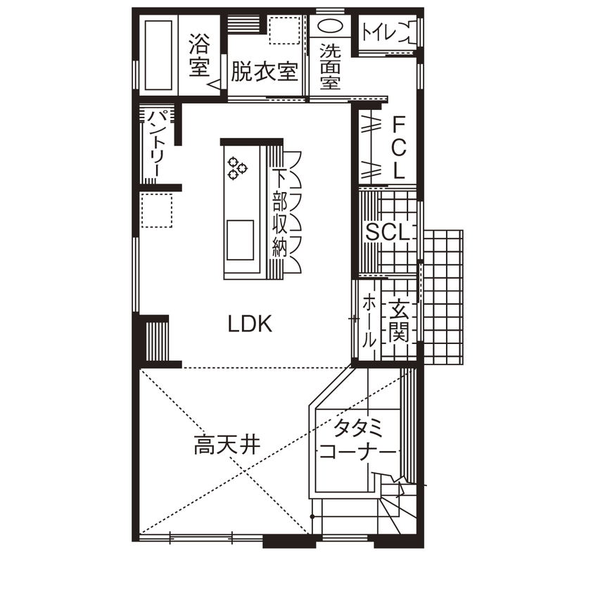 ユーロプランニング 【2000万円台/兵庫県/西宮市/間取り有】テラスと繋がる開放空間、バルコニーのガラス柵にも空が映える家の間取り図（3LDK）1階