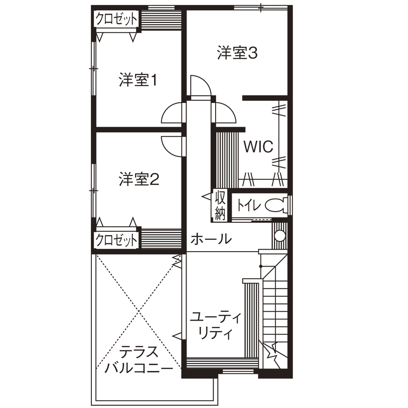 ユーロプランニング 【2000万円台/兵庫県/西宮市/間取り有】テラスと繋がる開放空間、バルコニーのガラス柵にも空が映える家の間取り図（3LDK）2階