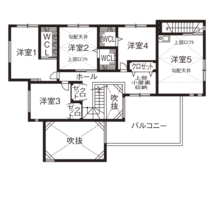 ユーロプランニング 【3000万円台/大阪府/間取り有】リビングや玄関に吹抜を配したホテルライクな空間！仕事場も兼ねた５LDKの間取り図（5LDK）2階