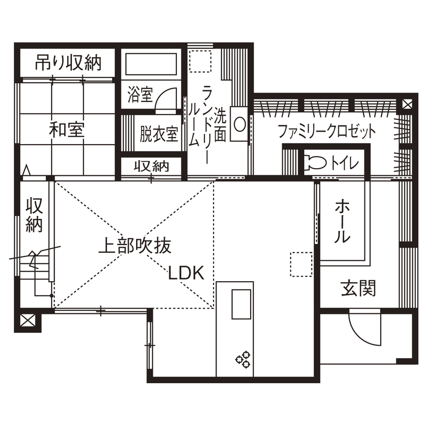 ユーロプランニング 【ウッドデッキ&広い庭】リビングもキッチンもお庭まで！開放感の中で家族がつながる邸の間取り図（4LDK）1階