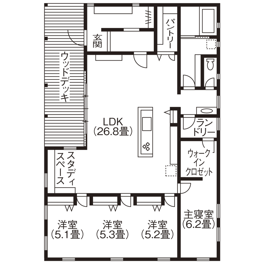 モアナビルダーズ　～ガレージハウス、サーファーズハウス～ 【2750万円/5人家族/4LDK/間取り有】アメリカ西海岸の爽快な暮らしを思い描いた 平屋のサーファーズハウスの間取り図（4LDK）1階