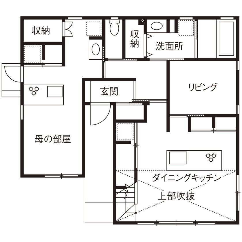 ホワイトレーベル 【2000万円台/30坪台/間取り図】将来の同居を見据えて2世帯住宅に。生活感のない大人ナチュラルな家の間取り図（3LDK＋1K）1階