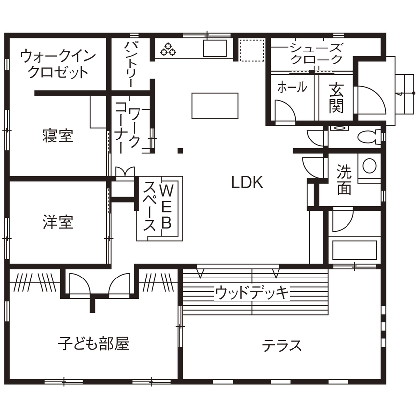 ホワイトレーベル 【2000万円台/平屋/30坪台/注文住宅/間取り図】L字型の平屋/天井高4.5ｍのリビングで開放感たっぷりの平屋の間取り図（4LDK）1階