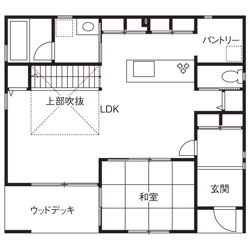 ホワイトレーベル 【2000万円台/40坪台/4LDK/間取り図】収納を考えたパントリー付キッチンが主役。天然木の温かさを感じる家の間取り図（4LDK）1階