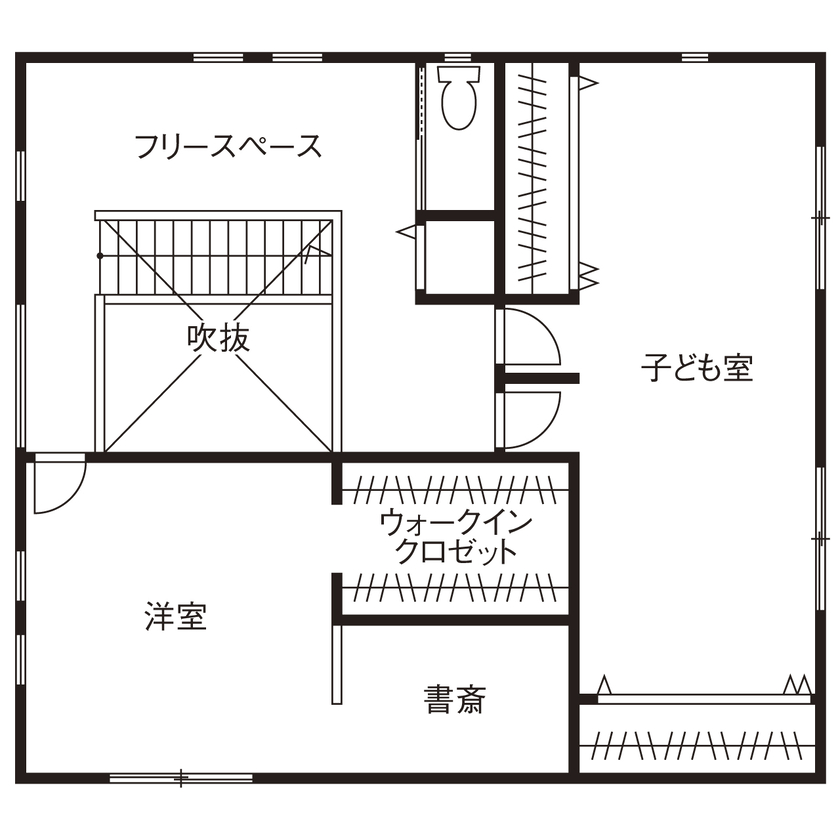 ホワイトレーベル 【2000万円台/40坪台/4LDK/間取り図】収納を考えたパントリー付キッチンが主役。天然木の温かさを感じる家の間取り図（4LDK）2階