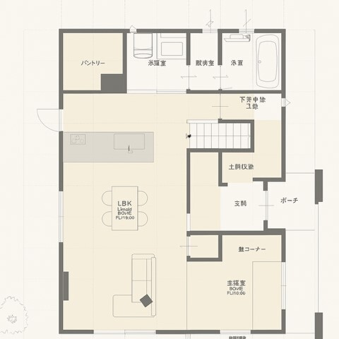 ホワイトレーベル 【注文住宅/30坪台/間取り図】間接照明を活かしたモダンな家の間取り図（4LDK）1階