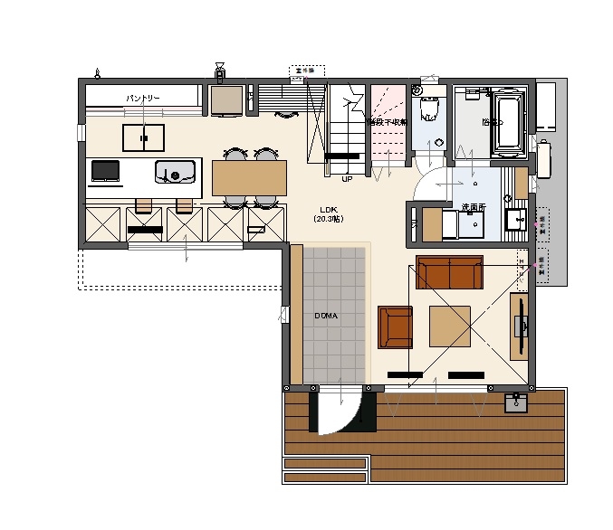 イシンホーム三郷　松井産業 【1650万円/ビルトインガレージ/間取り図】土間リビング等おしゃれカフェのようなヴィンテージスタイルの間取り図（2LDK）1階