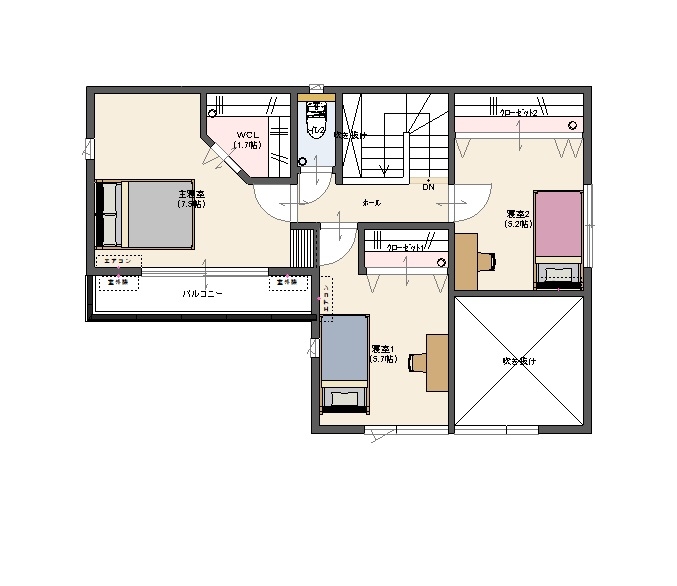 イシンホーム三郷　松井産業 【1650万円/ビルトインガレージ/間取り図】土間リビング等おしゃれカフェのようなヴィンテージスタイルの間取り図（2LDK）2階