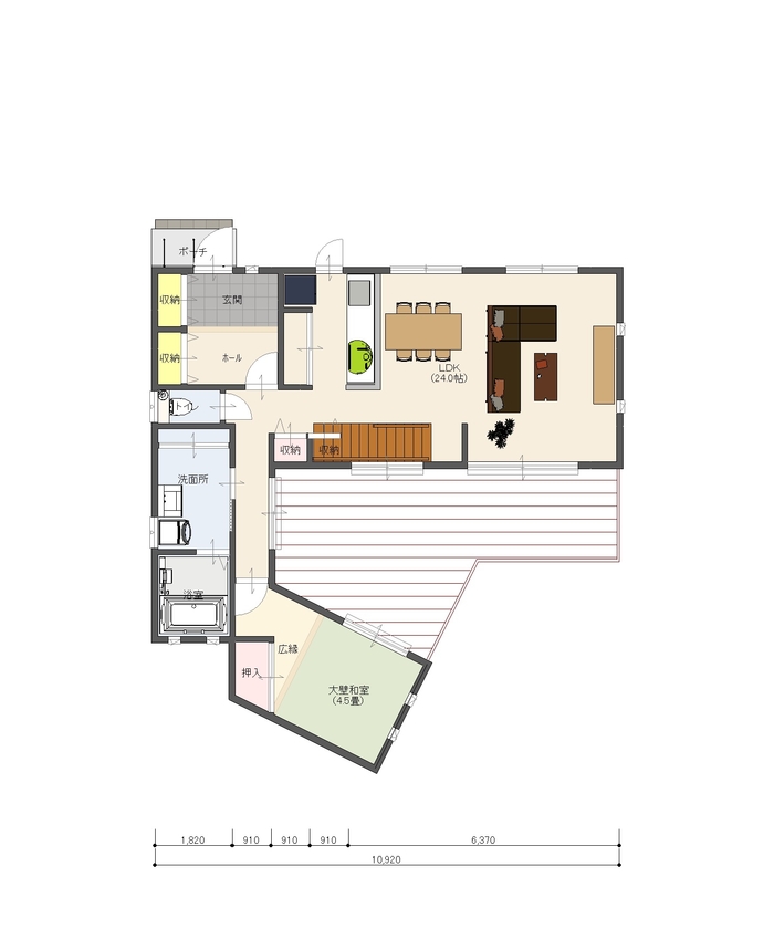 イシンホーム三郷　松井産業 【1850万円/30坪/ウッドデッキ】VR確認で理想通り！吹き抜けから太陽の光が差し込む中庭のある家の間取り図（4LDK）1階