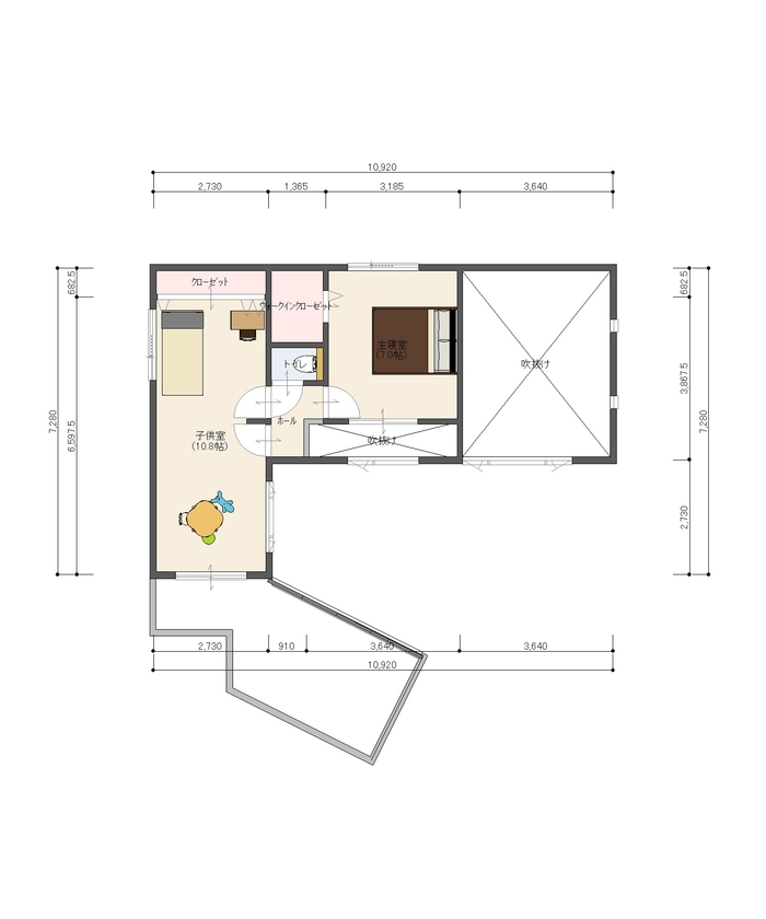 イシンホーム三郷　松井産業 【1850万円/30坪/ウッドデッキ】VR確認で理想通り！吹き抜けから太陽の光が差し込む中庭のある家の間取り図（4LDK）2階