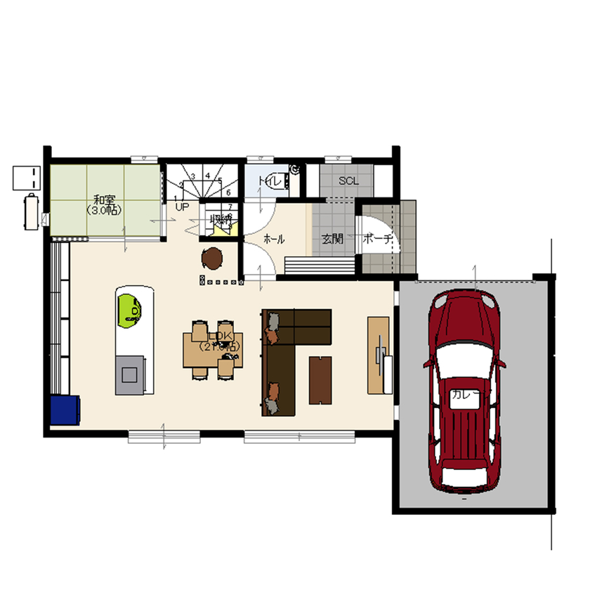 イシンホーム三郷　松井産業 【1800万円/30坪台/太陽光発電/ビルトインガレージ/収納充実】趣味も暮らしも楽しむ、高性能住宅の間取り図（4LDK）1階