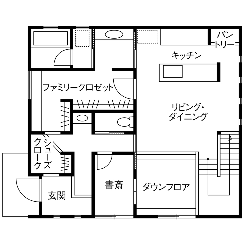 イシンホーム三郷　松井産業 【2000万円台/家事ラク動線/太陽光発電】集まる家族が、それぞれの居場所で自由に過ごせる家の間取り図（4LDK）1階
