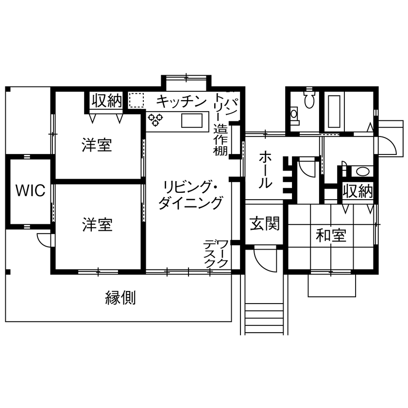 イシンホーム三郷　松井産業 【平屋/高気密・高断熱/バリアフリー】深い軒と濡れ縁のある、和モダンな平屋スタイルの間取り図（3LDK）1階