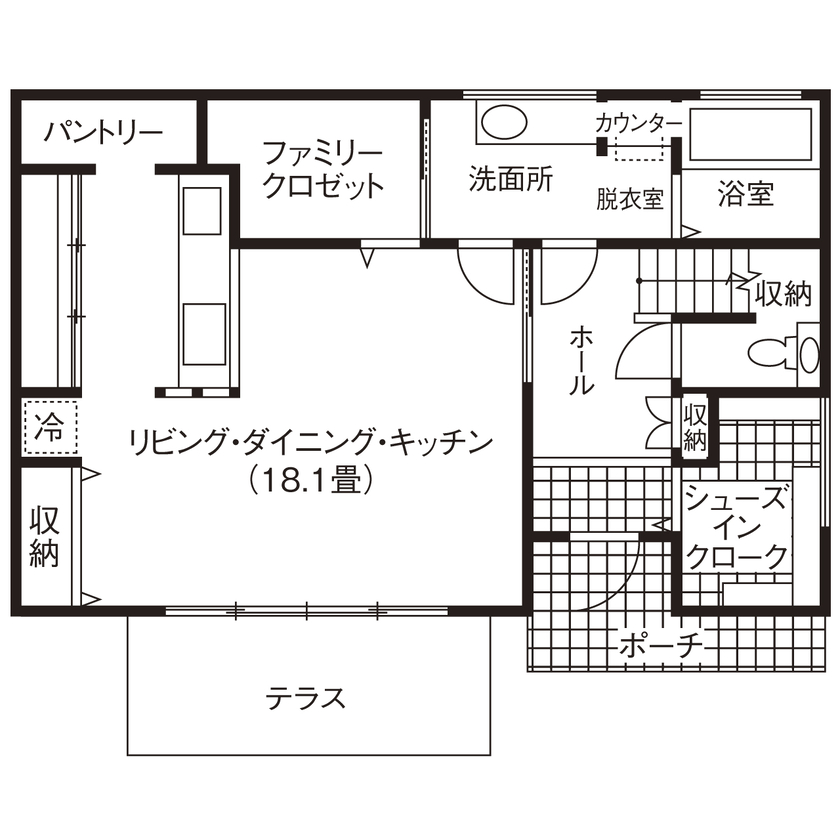 イシンホーム三郷　松井産業 【光と開放感がテーマ】2階廊下から中庭テラスと一体になった吹抜けLDKを見おろせる高性能モダン住宅の間取り図（3LDK）1階