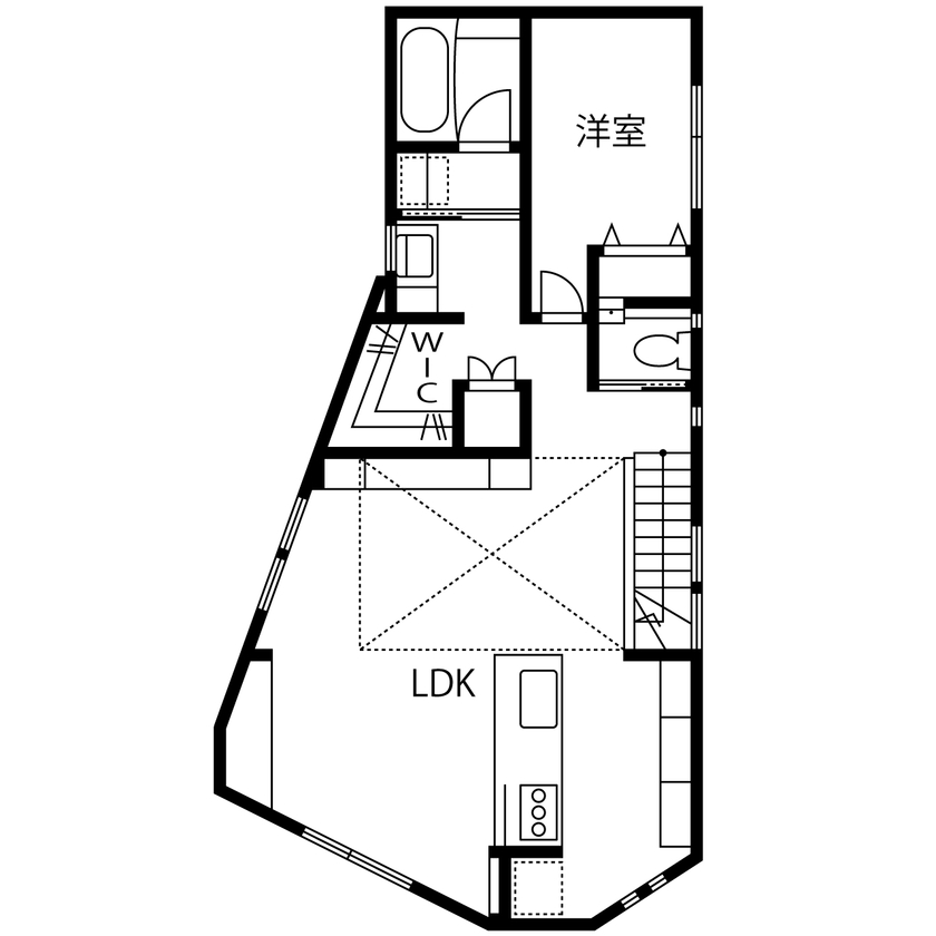 新栄建設　パナソニックビルダーズグループ 【3000万円台/35坪/２階リビング/間取図有】ビルトインガレージはバイク専用。変形地を活かした八角形の家の間取り図（4LDK）2階