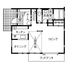 角屋ハウジング 【1000万円台/2階建て/31坪/書斎/間取り図】吹抜け空間の高窓から降り注ぐ光で明るいシンプルモダンハウスの間取り図（3LDK）1階