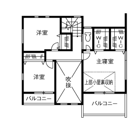 角屋ハウジング 【1000万円台/2階建て/31坪/書斎/間取り図】吹抜け空間の高窓から降り注ぐ光で明るいシンプルモダンハウスの間取り図（3LDK）2階