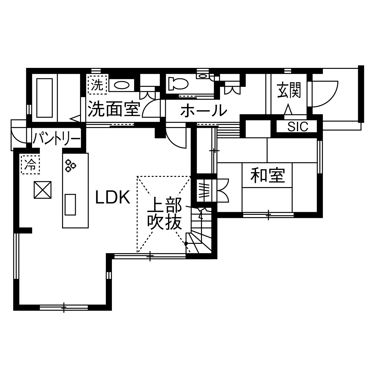 角屋ハウジング 【自由設計/2300万円/37坪/間取り】吹き抜けの開放感が心地よい 将来の二世帯を見据えたナチュラルハウスの間取り図（4LDK+S）1階